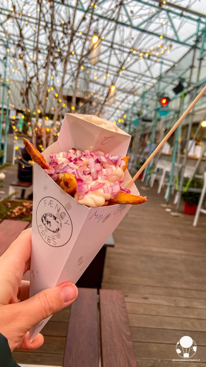 cono con patatine fritte, salsa e cipolla tritata